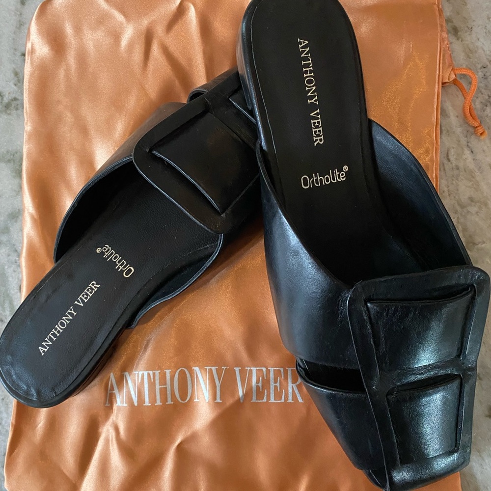 Anthony Veer Black Leather Slide Mules with Square Buckle - Picture 2 of 9